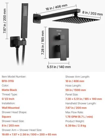 VEVOR Shower Faucet Set 8&quot; Square Rain Shower Head and Hand Set Matte Black