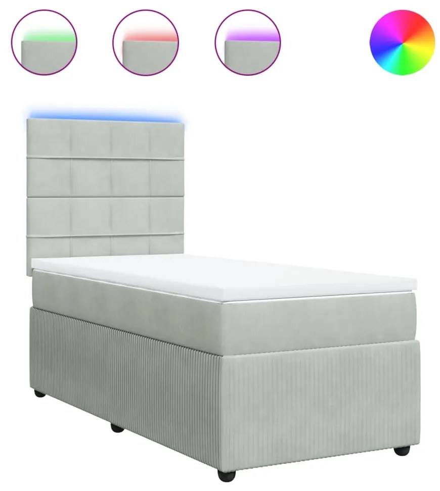 vidaXL Κρεβάτι Boxspring με Στρώμα Ανοιχτό Γκρι 90x190 εκ. Βελούδινο