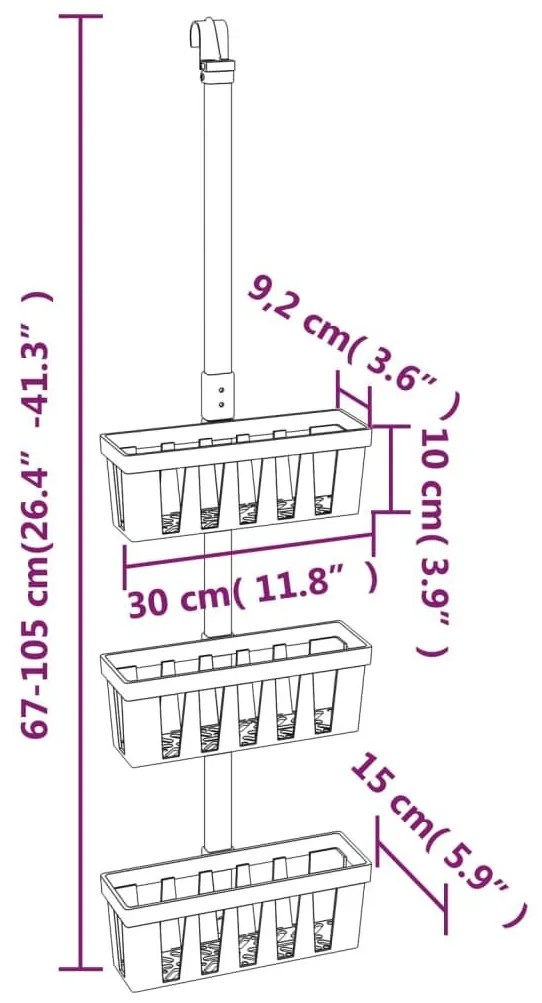 Ραφιέρα Ντους Κρεμαστή 30x15x(67-105) εκ. από Αλουμίνιο - Ασήμι