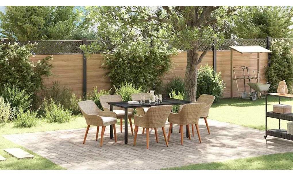 vidaXL Σέτ φαγητού για κήπο με μαξιλάρι 7 pcs Μπεζ συνθετικό ρατάν