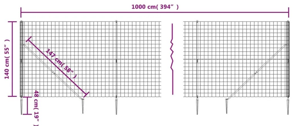 vidaXL Συρματόπλεγμα Περίφραξης Ανθρακί 1,4 x 10 μ. με Καρφωτές Βάσεις