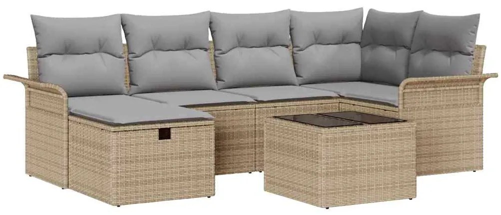 vidaXL Σετ Καναπέ Κήπου με μαξιλάρι 7 pcs Μπεζ Πολυ ράταν
