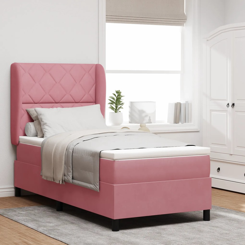 vidaXL κρεβάτι box spring με στρώμα σε ροζ, 90x190 εκ, βελούδο