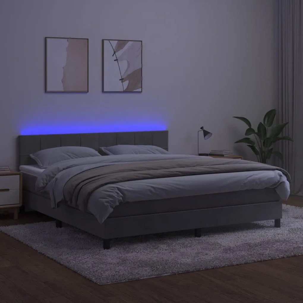 Κρεβάτι Boxspring με Στρώμα &amp; LED Αν.Γκρι 160x200 εκ. Βελούδινο - Γκρι