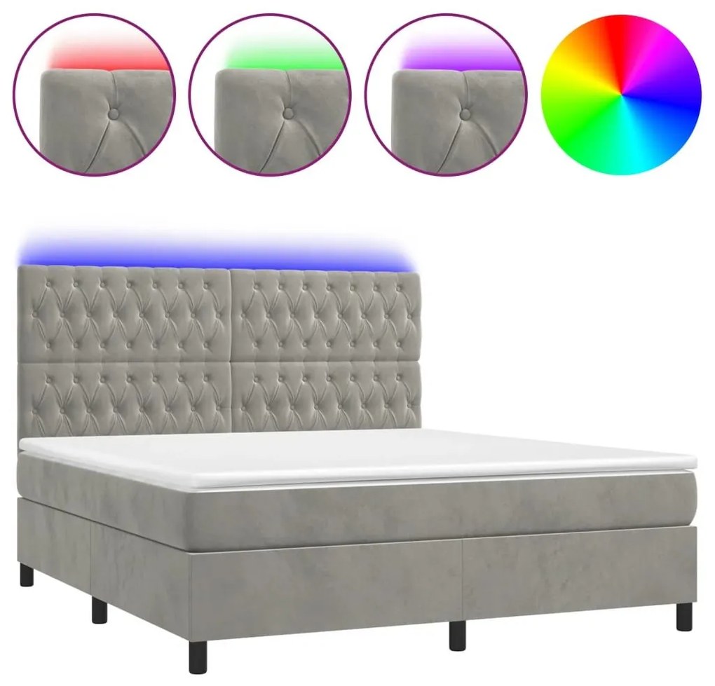 Κρεβάτι Boxspring με Στρώμα &amp; LED Αν.Γκρι 160x200 εκ. Βελούδινο - Γκρι