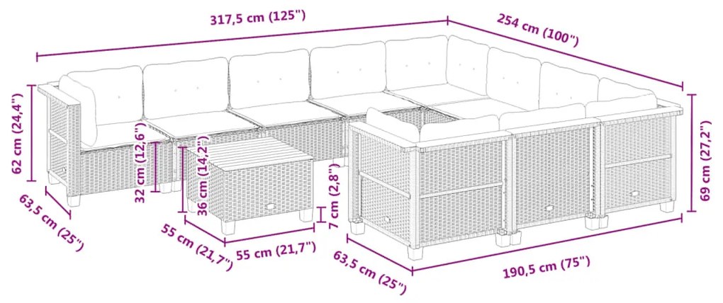 Σαλόνι Κήπου Σετ 11 Τεμαχίων Μαύρο Συνθετικό Ρατάν με Μαξιλάρια - Μαύρο