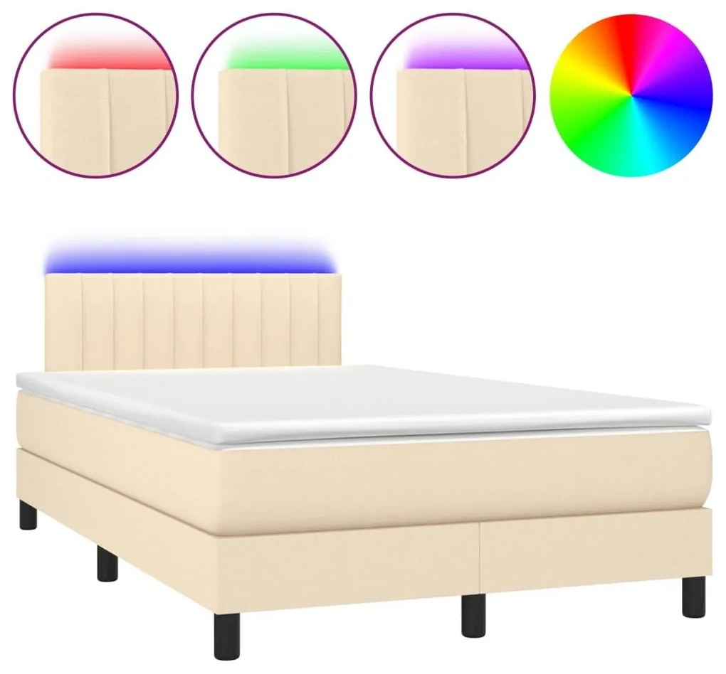 Κρεβάτι Boxspring με Στρώμα &amp; LED Κρεμ 120x200 εκ. Υφασμάτινο - Κρεμ