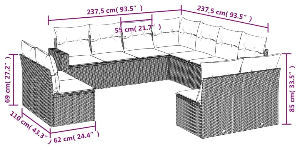 vidaXL Σαλόνι Κήπου 11 Τεμαχίων Καφέ από Συνθετικό Ρατάν με Μαξιλάρια