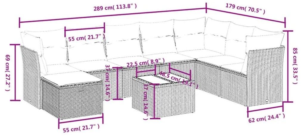 Σαλόνι Κήπου Σετ 9 Τεμαχίων Γκρι Συνθετικό Ρατάν με Μαξιλάρια - Γκρι