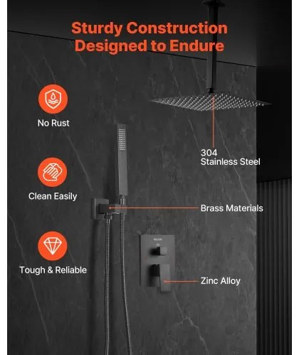 VEVOR Shower Faucet Set 12&quot; Square Rain Shower Head and Hand Set Matte Black