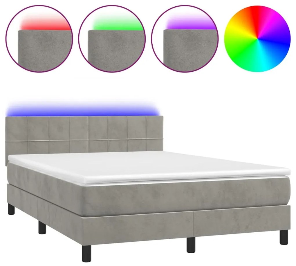 vidaXL Κρεβάτι Boxspring με Στρώμα & LED Αν.Γκρι 140x200 εκ. Βελούδινο