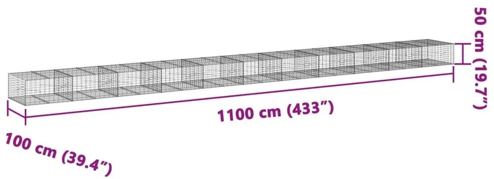 Συρματοκιβώτιο με Κάλυμμα 1100x100x50εκ από Γαλβανισμένο Χάλυβα - Ασήμι