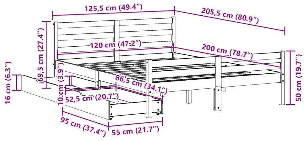 Σκελετός Κρεβατιού Χωρίς Στρώμα 120x200 εκ Μασίφ Ξύλο Πεύκου - Καφέ