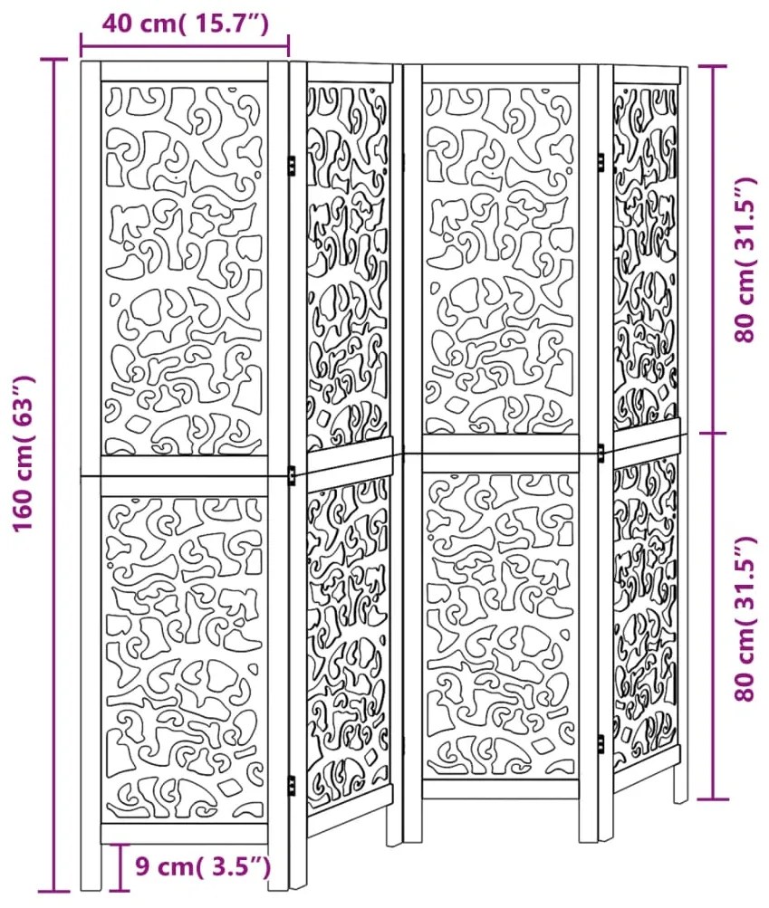 Διαχωριστικό Χώρου με 4 Πάνελ Μαύρο από Μασίφ Ξύλο Παυλώνιας - Μαύρο
