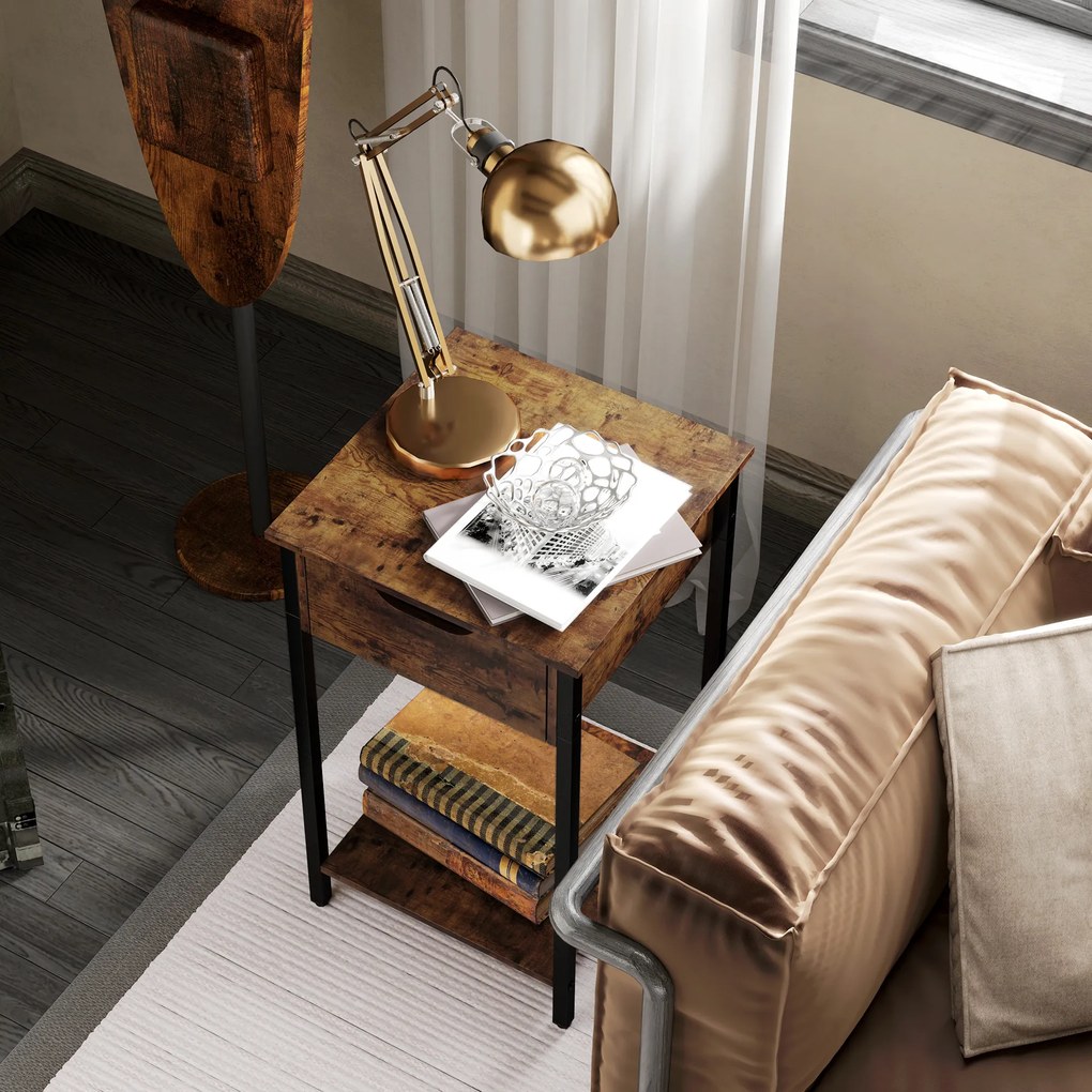 HOMCOM Κομοδίνο σε βιομηχανικό στυλ, συρτάρι, ράφι αποθήκευσης, μεταλλικό πλαίσιο, ξύλο, 40 x 40 x 68 cm, καφέ