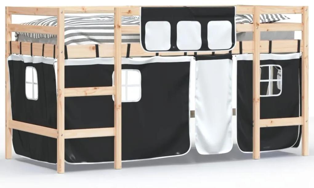 Υπερυψ. Κρεβάτι με Κουρτίνες Λευκό/Μαύρο 90x200 εκ. Μασίφ Πεύκο - Μαύρο