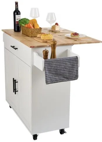 VEVOR Kitchen Island Cart with Solid Wood Top, 35.4" Width Mobile Carts with Storage Cabinet, Rolling Kitchen Table with Spice Rack, Towel Rack, Drop Leaf and Drawer, Portable Islands on Wheels, White