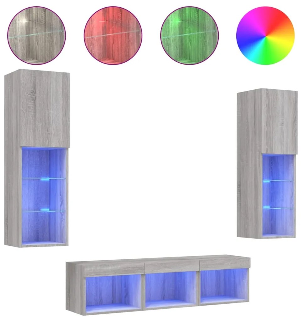 Έπιπλα Τοίχου Τηλεόρασης 5 τεμ. LED Γκρι Sonoma από Επεξ. Ξύλο - Γκρι