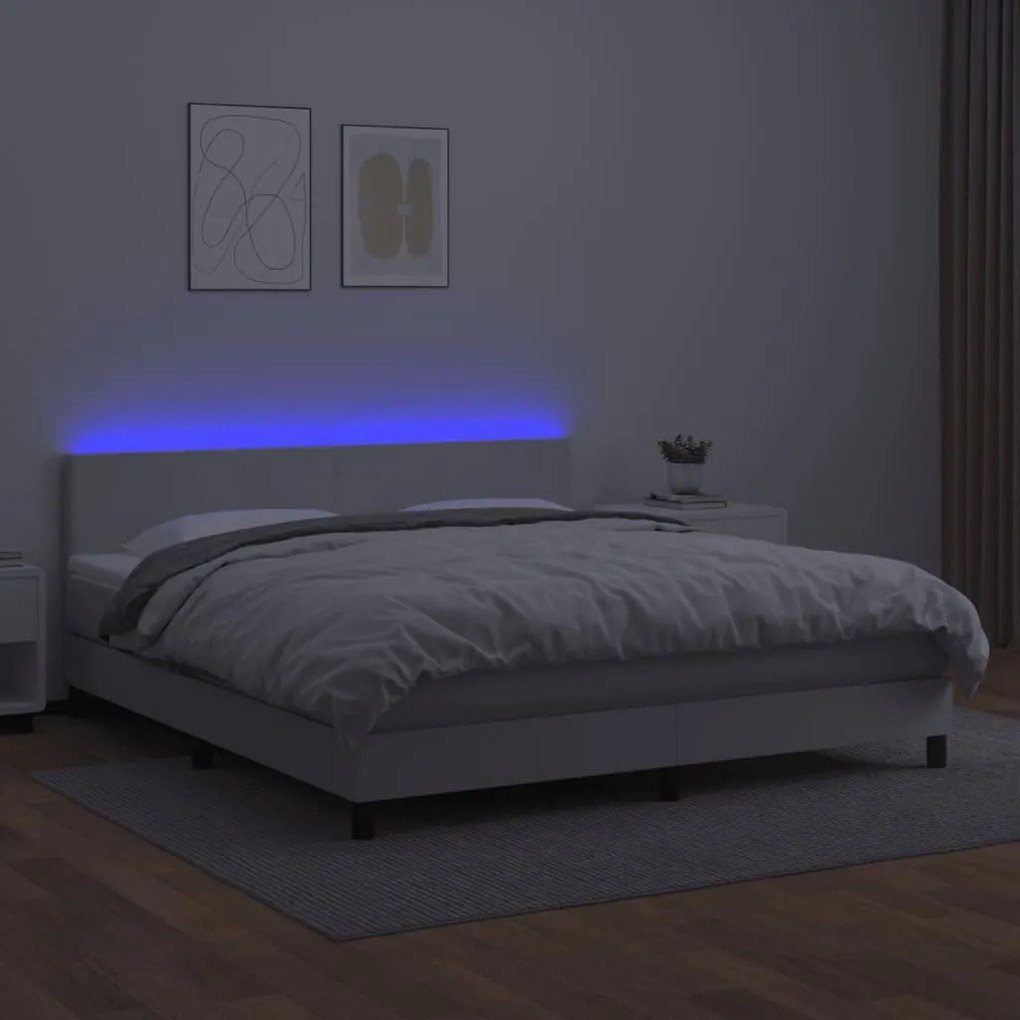 vidaXL Κρεβάτι Boxspring με Στρώμα & LED Λευκό 180x200 εκ. Συνθ. Δέρμα