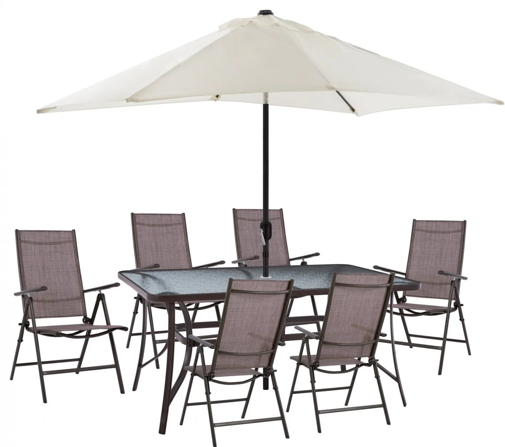 Σετ Κήπου Τραπεζαρία HM11491 8 τεμ Καφέ με Ομπρέλα Μπέζ &amp; Τραπέζι 150x90x75 εκ. με 6 Καρέκλες