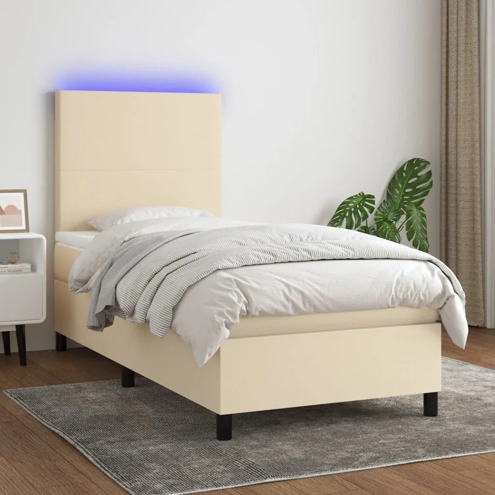 vidaXL Κρεβάτι Boxspring με Στρώμα &amp; LED Κρεμ 100x200 εκ. Υφασμάτινο