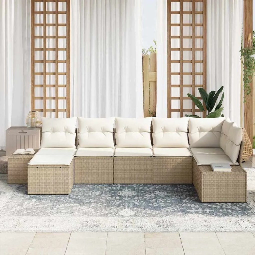 vidaXL Σετ Καναπέ Κήπου με μαξιλάρι 7 pcs Μπεζ Πολυ ράταν