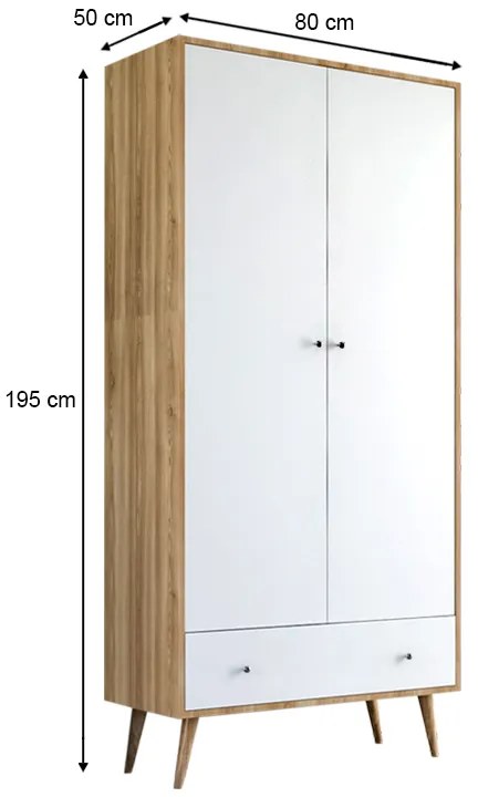 Ντουλάπα ρούχων Samet Megapap δίφυλλη χρώμα λευκό - sapphire oak 80x50x195εκ.