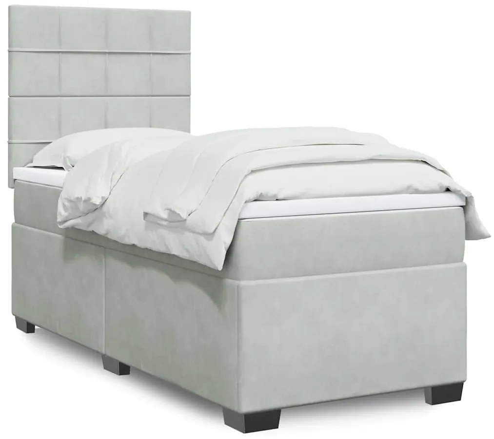 vidaXL Κρεβάτι Boxspring με Στρώμα Ανοιχτό Γκρι 90x190 εκ. Βελούδινο
