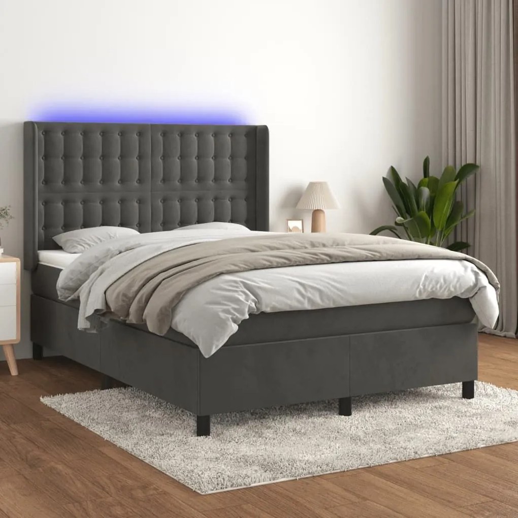 ΚΡΕΒΑΤΙ BOXSPRING ΜΕ ΣΤΡΩΜΑ &amp; LED ΣΚ. ΓΚΡΙ 140X190ΕΚ. ΒΕΛΟΥΔΙΝΟ 3139800