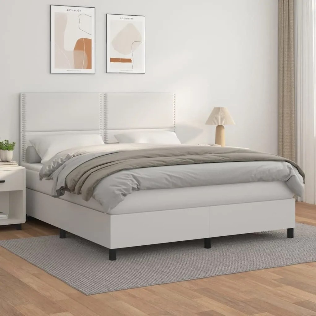 Κρεβάτι Boxspring με Στρώμα Λευκό 160x200εκ.από Συνθετικό Δέρμα - Λευκό