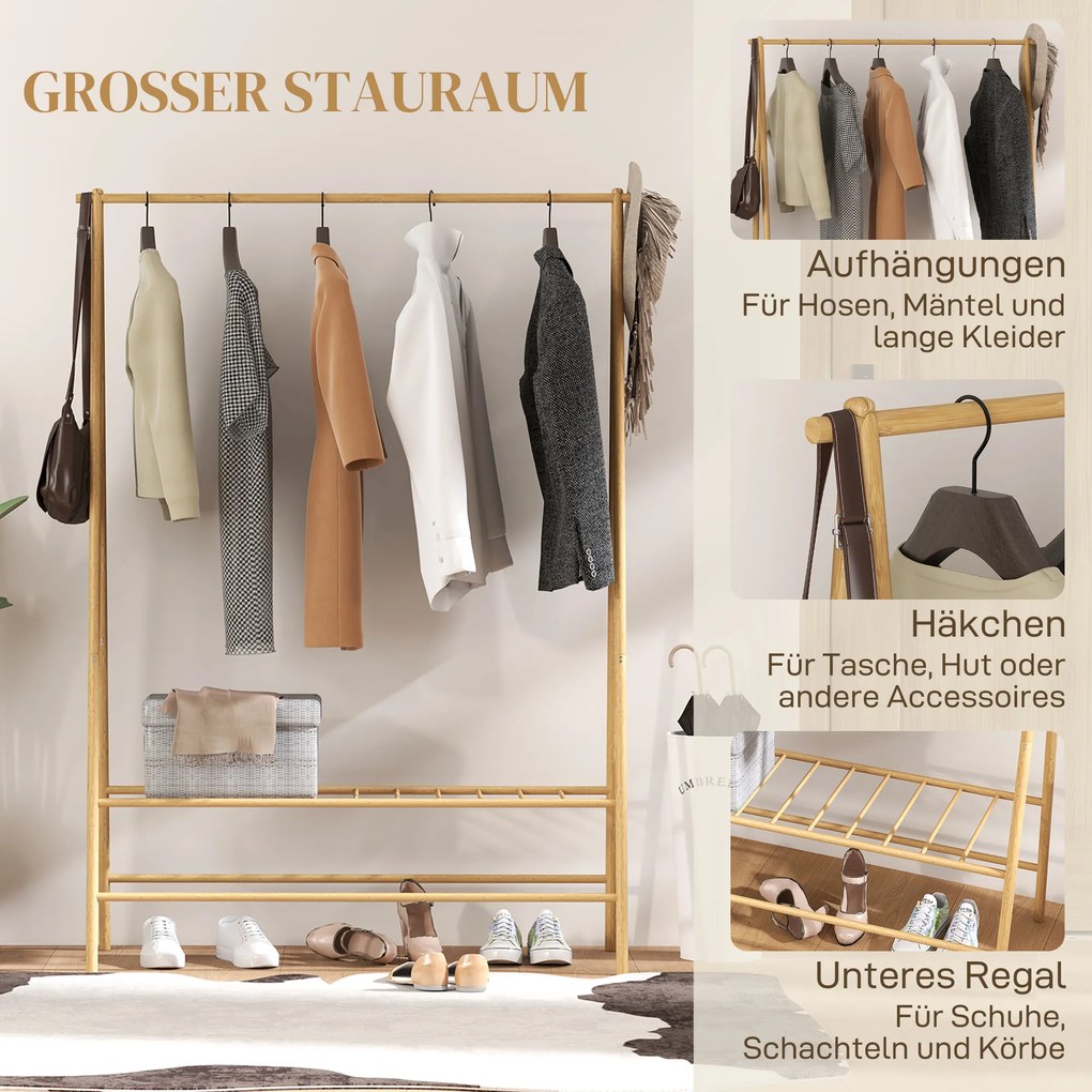HOMCOM Κρεμάστρα από Μπαμπού με Ράφι Παπουτσιών και Γάντζους, Ελεύθερη, για Είσοδο, Υπνοδωμάτιο, Φυσικό Ξύλο