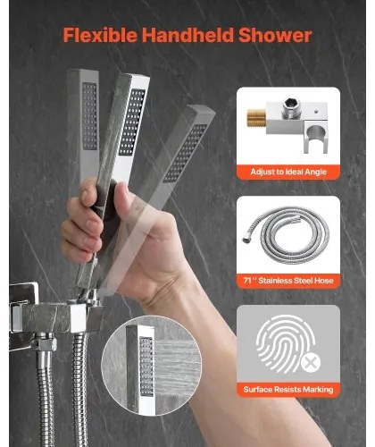 VEVOR Shower Faucet Set 12&quot; Square Rain Shower Head and Hand Set Silver Chrome