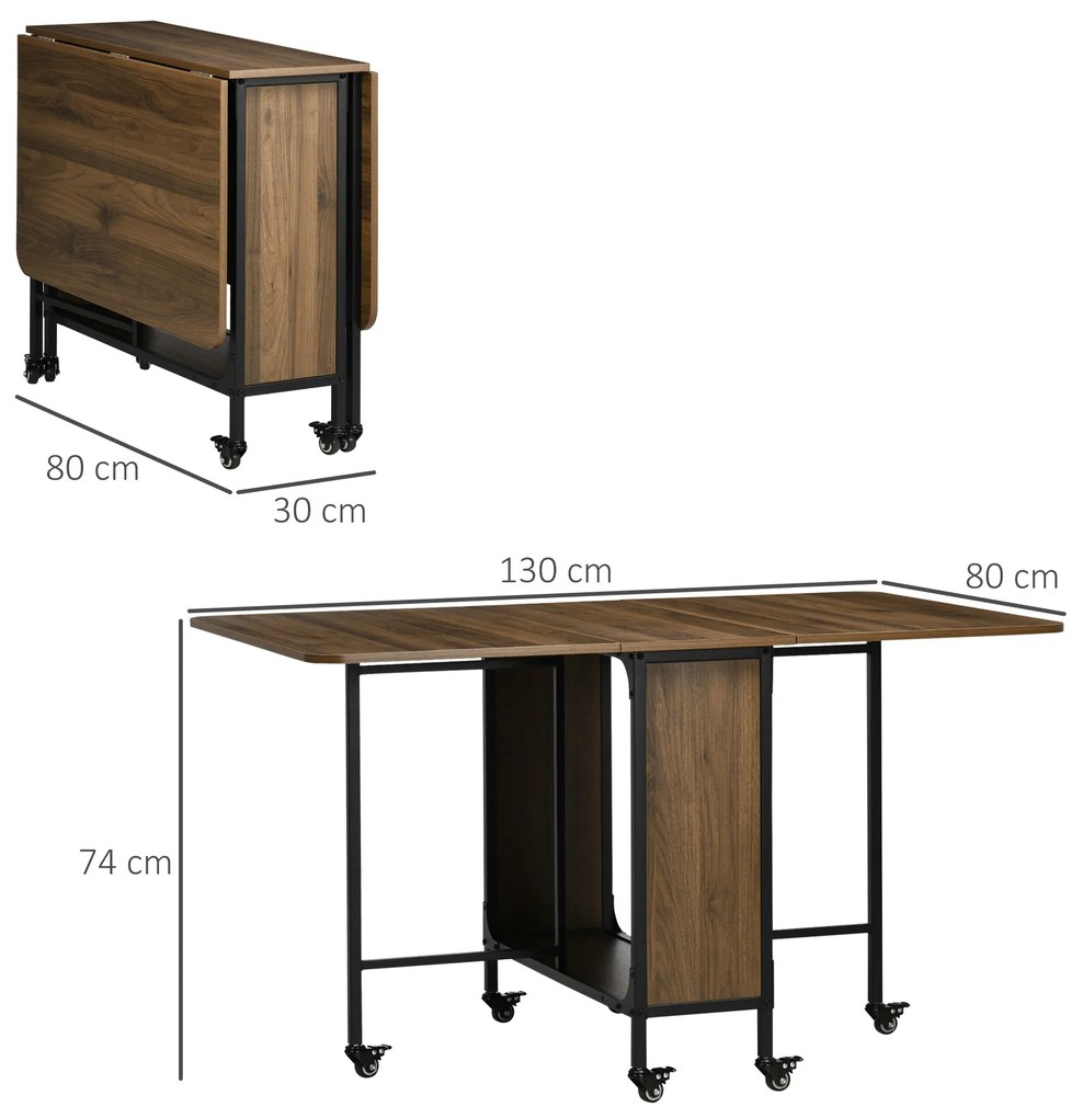 HOMCOM Κινητό Τραπέζι Πτυσσόμενο, 2 Πτυσσόμενες Επιφάνειες, 130 cm x 80 cm x 74 cm, Καφέ
