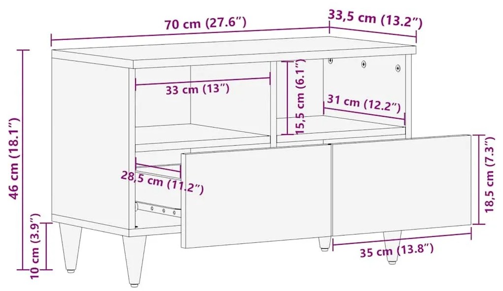 ντουλάπι τηλεόρασης 70x33,5x46 cm μασίφ ξύλο Mango - Καφέ