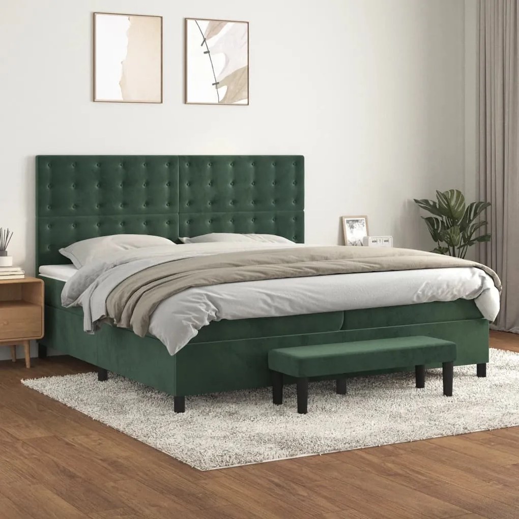 vidaXL Κρεβάτι Boxspring με Στρώμα Σκούρο Πράσινο 200x200εκ. Βελούδινο