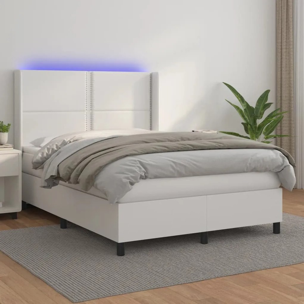 vidaXL Κρεβάτι Boxspring με Στρώμα & LED Λευκό 140x200 εκ. Συνθ. Δέρμα