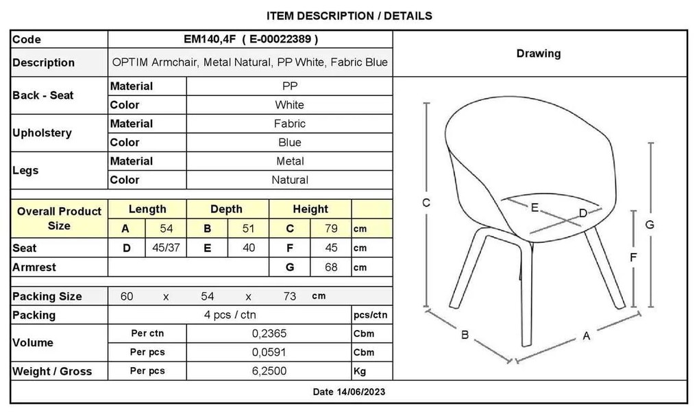 πολυθρόνα Steel OPTIM Φυσικό/ PP Άσπρο/Ύφασμα Μπλε 54x51x79cm (Σετ 4 ΤΕΜ)