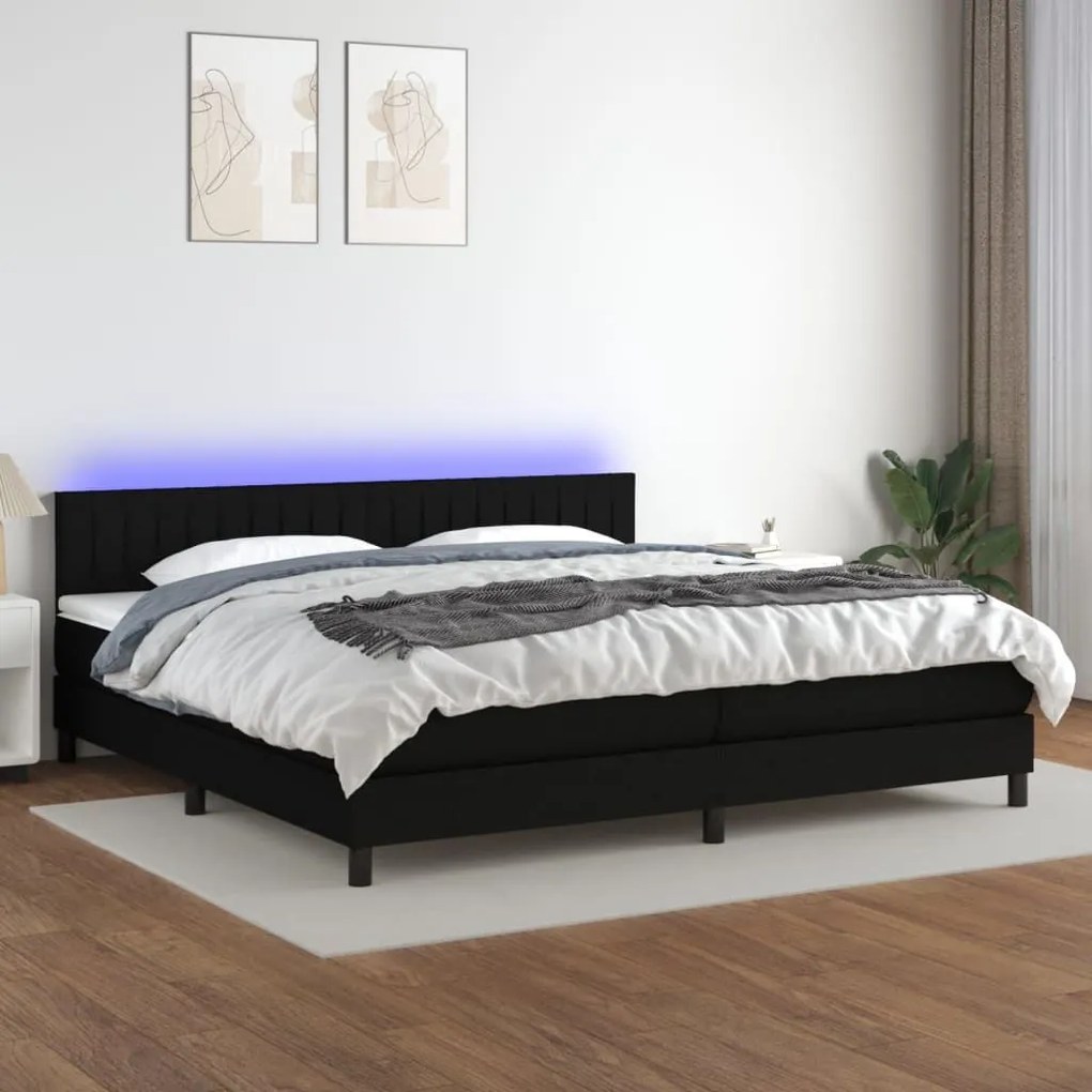 Κρεβάτι Boxspring με Στρώμα &amp; LED Μαύρο 200x200 εκ. Υφασμάτινο - Μαύρο