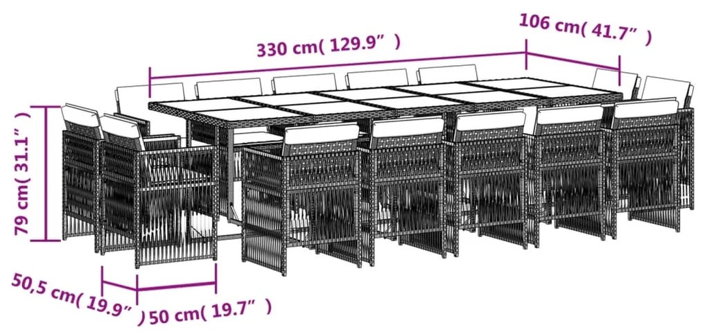 vidaXL Σετ Τραπεζαρίας Κήπου 15 τεμ Μαύρο από Συνθ. Ρατάν με Μαξιλάρια