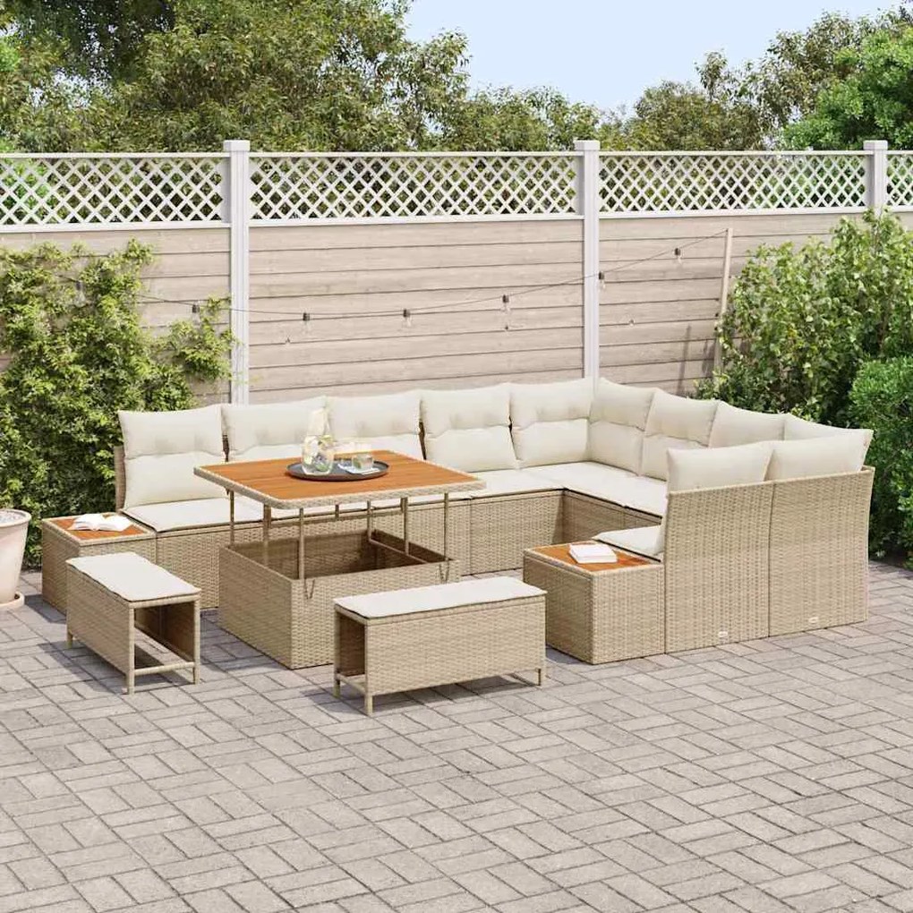 vidaXL Σετ Καναπέ Κήπου με μαξιλάρι 12 pcs Μπεζ Πολυ ράταν