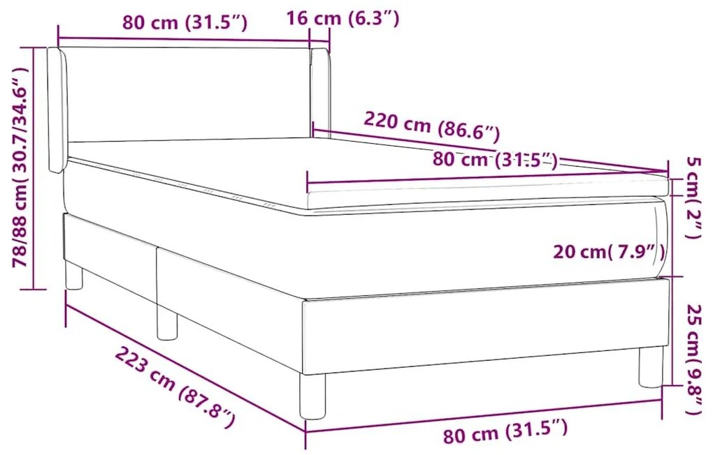 Κρεβάτι Boxspring με Στρώμα Σκούρο Γκρι 80x220 εκ. Βελούδινο - Γκρι