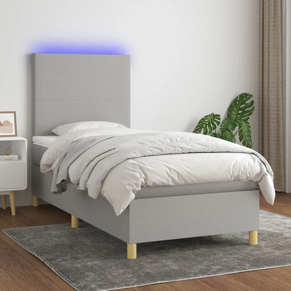 Κρεβάτι Boxspring με Στρώμα &amp; LED Αν.Γκρι 90x190 εκ. Υφασμάτινο