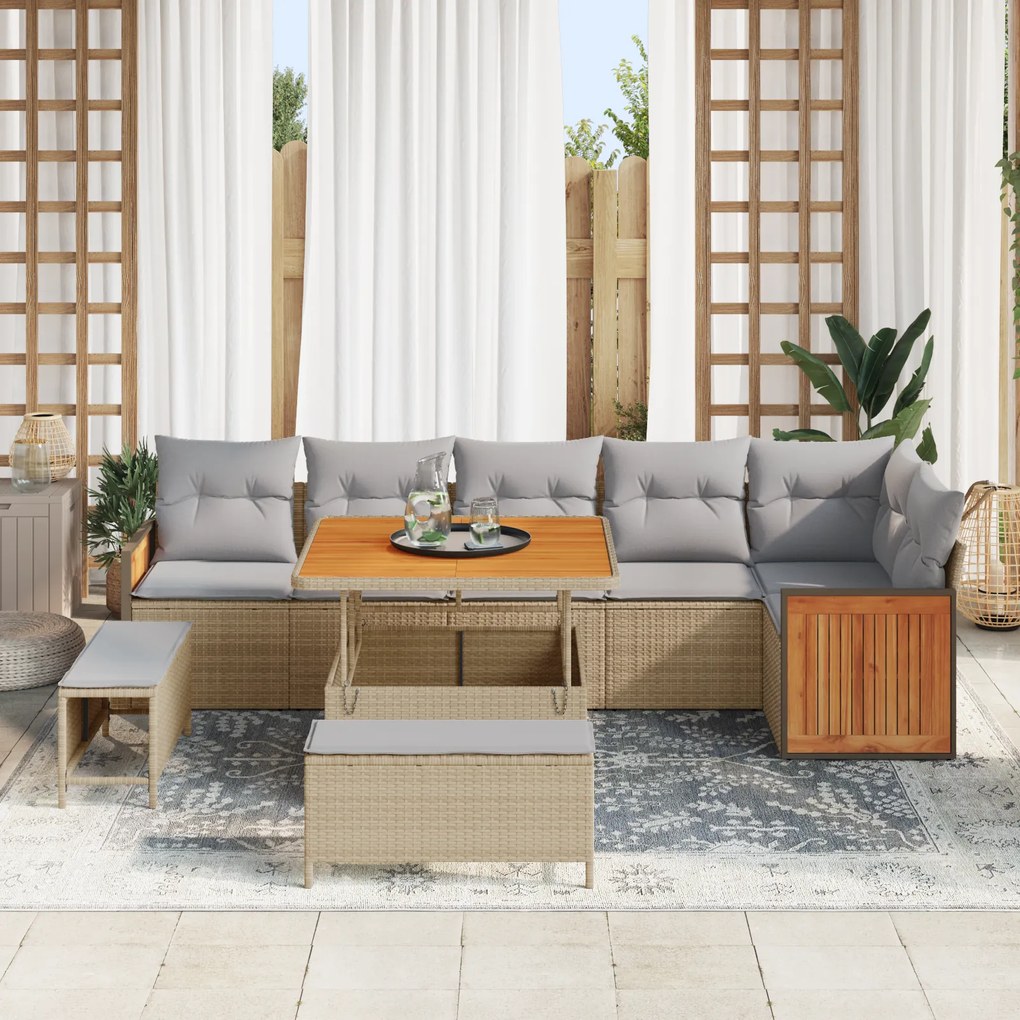 vidaXL 9 Piece Garden Sofa Set with Cushions Beige Poly Rattan Acacia