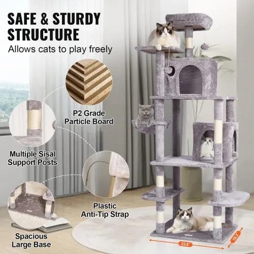 VEVOR Cat Tree 68.5&quot; Cat Tower with Cat Condos Sisal Scratching Post Light Grey