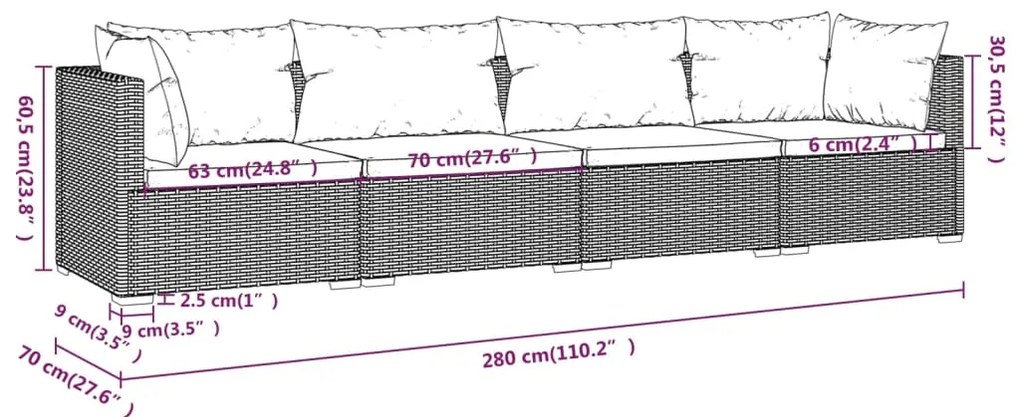 Σαλόνι Κήπου 4 Τεμαχίων Γκρι Συνθετικό Ρατάν με Μαξιλάρια - Γκρι