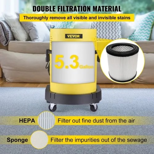 VEVOR Wet Dry Vacuum Cleaner, 5.3 Gallon 2 Peak HP, 4-in-1 Portable Shop Vacuum w/ Blow &amp; Spray Function, Remote Control, HEPA &amp; Sponge Filtration, 5 Brush for Household, Car