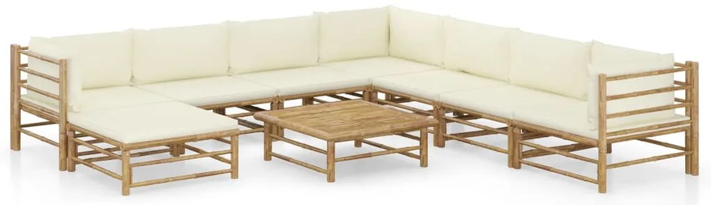 vidaXL Σαλόνι Κήπου Σετ 9 τεμ. από Μπαμπού με Λευκά Κρεμ Μαξιλάρια