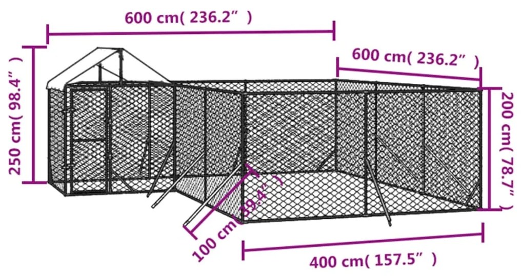 vidaXL Κλουβί Σκύλου Εξ. Χώρου με Οροφή Ασημί 6x6x2,5 μ. Γαλβ. Ατσάλι