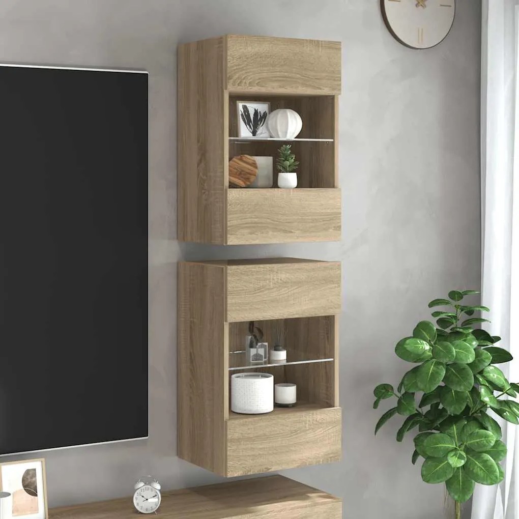 vidaXL Κρεμαστά ντουλάπια με φώτα LED για τηλεόραση 2 Τεμ. Sonoma Δρυς 40x30x60,5 εκ.