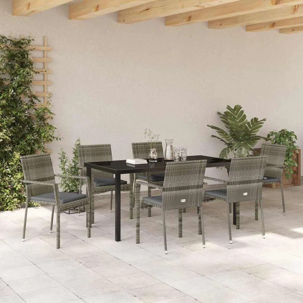 vidaXL Σέτ φαγητού για κήπο με μαξιλάρι 7 pcs Γκρι Πολυ ράταν